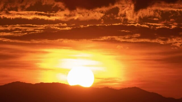 Beautiful Clear Big Sun at Sunrise or Sunset, cloud and sky nature landscape scence. 4K footage.	