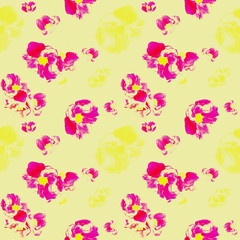 Hand drawn hibiscus flowers in retro colors in seamless pattern. Gentle pink and yellow spring blooms on beige background. Design for textile, packaging, covers, wrapping paper.
