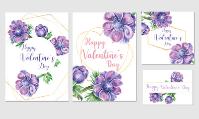 set of valentine's day card designs with hand painted watercolor illustration of anemone flowers