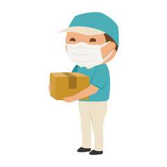ダンボールを持った配達業者の男性のイラスト。マスクをしている男性。