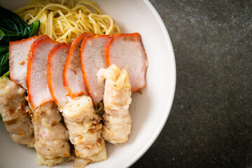 Barbecue Red Pork and Wonton Noodles with Soup