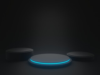 3D  black scientific stage with blue neon lights. Geometric podium. Sci-Fi stand.