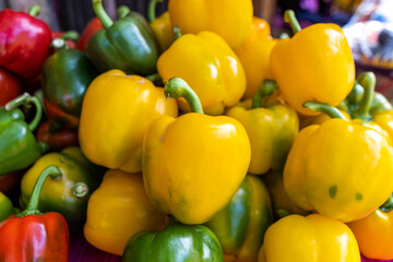 Green, red and yellow bell pepper in the market. Organic healthy food