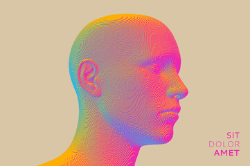 Abstract digital human head constructing from cubes. Minimalistic design for business presentations, flyers or posters. Technology and robotics concept. Voxel art. 3D vector illustration.