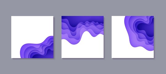Set of abstract backgrounds in paper cut style. 3d purple and white colors waves with smooth shadow. Vector illustration with layered curved line shape squared composition of liquid layers in papercut