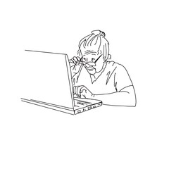 Elderly woman with laptop, quick freehand drawing, sketch.