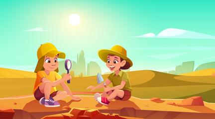 Kids playing in archaeologists in sandbox. Vector cartoon illustration with boy and girl in hats with shovel and magnifying glass digging sand in rural field. Children play in paleontologists in