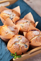 A group of muffins with berries and chocolate on a tray. Front view. Vertical photo.