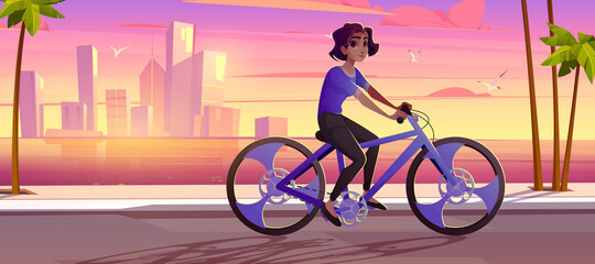 Fototapeta premium Young woman ride bicycle in city park at sunset cityscape background with skyscrapers and palm trees at sea bay. Girl outdoor activities, cardio exercise, healthy lifestyle Cartoon vector illustration