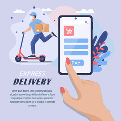 The concept of express delivery and online shopping in a pandemic. A courier in a medical mask on a scooter carries a package. Vector illustration.