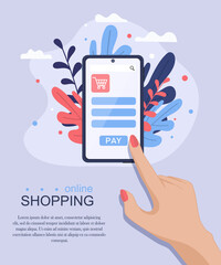 Online shopping concept. A woman's hand presses the "pay" button on a smartphone. Vector illustration.