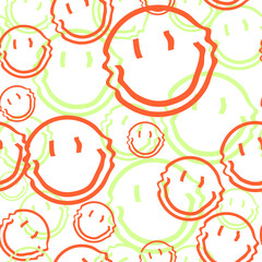 Psychedelic style. Vector seamless pattern with a cartoon wavy smiling face.