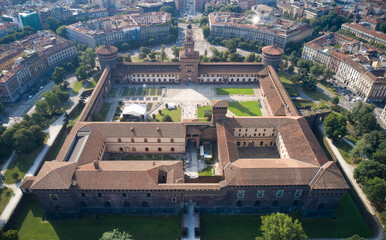 Top view of the Sforzesco castle in Milan Italy. The main Italian castle in Milan. The residence of...