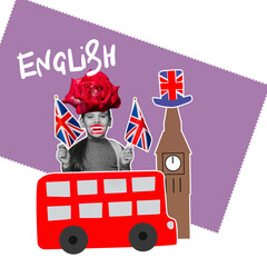 Collage of modern art girl with an English flag, red rose, London Doubledecker and Big Ben. Concept...