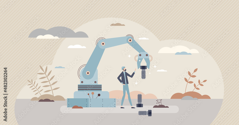 Poster mechatronics engineering as mechanic and electronic tech tiny person concept. smart and complex auto