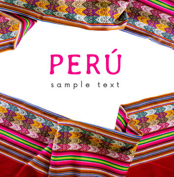 Peru. Colorful traditional Inca Lliclla blanket on a white background