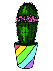 Cute hand drawn simple cactus. Houseplant in a pot. Colorful cacti illustration isolated on white background. Cozy home doodle.