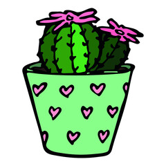 Cute hand drawn simple cactus. Houseplant in a pot. Colorful cacti illustration isolated on white background. Cozy home doodle.