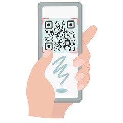 A hand holds a phone with a qr code on the screen. Scan the code on your phone. QR sticker. Vector flat isolated closeup illustration.