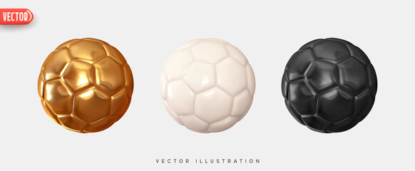 Obraz premium Soccer ball. Football balls Set realistic 3d design style. Leather texture golden and white black color. Mockup of sports elements isolated on white background. vector illustration