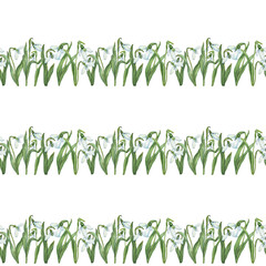 Fototapeta na wymiar Seamless pattern with snowdrops, spring flowers in bloom (Galanthus). Watercolor hand drawn painting illustration isolated on white background.