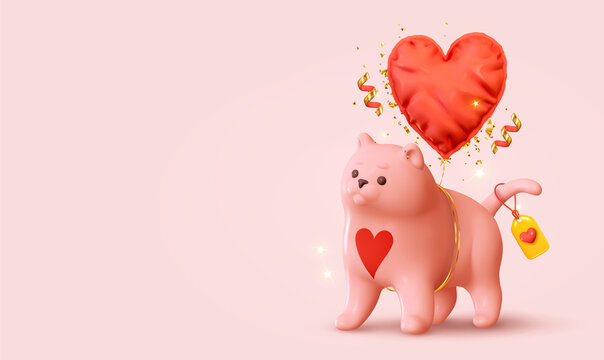 Pink Cat with red heart shaped balloon, gold glitter confetti realistic in 3d style. Romantic background for Valentines day, happy wedding, birthday. Banner space for text. vector illustration