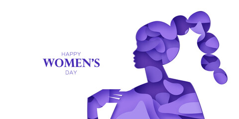 Abstract female profile silhouette. Dancing woman. Happy Women's day. Happy Mother's Day. Venera, Venus female concept paper cut style. Body positive. Violet, Purple. Very peri.