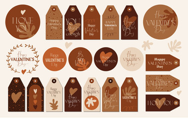 Vector Valentine's Day gift tags, stickers, printables in natural brown earthy colors with hearts. Collection of modern neutral boho esthetic printable quirky typography designs. Fluid organic shapes