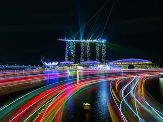 Poster City view at Singapore central area at night with light trails. © hit1912