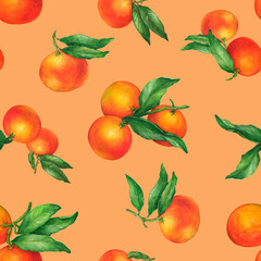 Seamless pattern with mandarin orange (Citrus reticulata) on twigs with green leaves (mandarine, tangerine, clementine). Watercolor hand drawn painting illustration isolated on orange background.