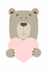 Obraz na płótnie Canvas Cute cartoon bear grizzly animal holds a heart sign with copy space. set valentine's day greeting card banner invitation flyer brochure. cartoon hand drawn style. Little animals pets in love