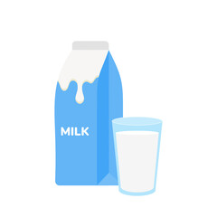 milk packing, glass of milk on white,dairy products background. Icon,Vector,illustration cartoon style.