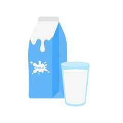 milk packing, glass of milk on white,dairy products background. Icon,Vector,illustration cartoon style.