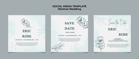 Minimal Wedding Invitation social media post template with floral frame line art hand drawn leaf and flower