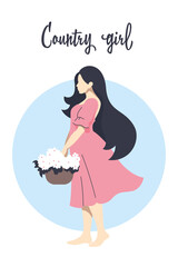 Village girl. Beautiful girl with a basket of flowers. Postcard. Vector image. 