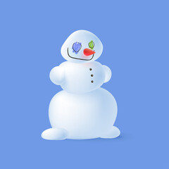 Realistic 3d white snowman snowman with carrot and painted eyes and a smile for christmas design isolated on blue background. Vector Card with scary smiling character for New Year or Halloween. 