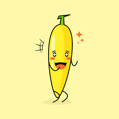 cute banana character with smile and happy expression, two hands clenched and sparkling eyes. green and yellow. suitable for emoticon, logo, mascot and icon