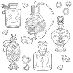 Different sorts of perfume. Monochrome bottles with fragrance isolated on white background. Coloring book style for children and adults