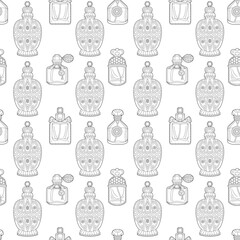 Seamless background with monochrome perfume bottles. Endless texture with different fragrance.  Coloring book style for children and adults