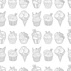 Seamless background with monochrome ice cream cones. Endless texture with different sweet deserts