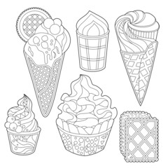 Different sorts of ice cream. Monochrome deserts isolated on white background. Coloring book style for children and adults