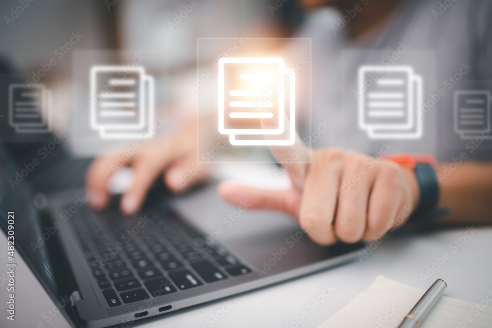 Poster concept of document management using symbols on a virtual screen, erp