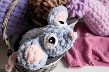 Baby puffy yarn toy, soft plush pillows, handmade, plush knitted mouse