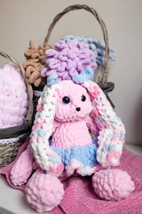 Baby puffy yarn toy, soft plush pillows, handmade, knitted plush, pink hare
