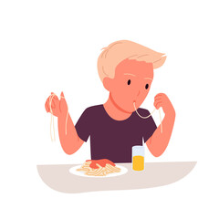 Cute hungry boy eating spaghetti bolognese on dinner or lunch vector illustration. Cartoon little funny child holding macaroni, plate with delicious healthy Italian food on table isolated on white