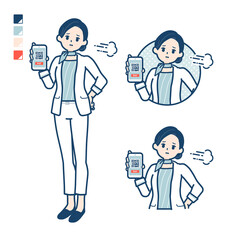 ビューティーアドバイザー女性が困った顔でスマートフォンでキャッシュレス決済しているイラスト