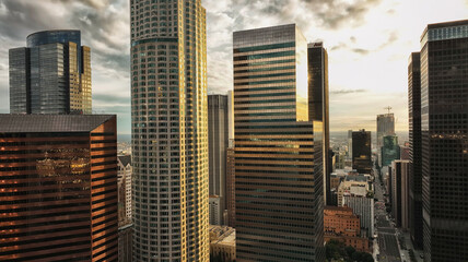 Los Angeles downtown skyline. Los angels city, downtown top aerial view with drone. Business centre...