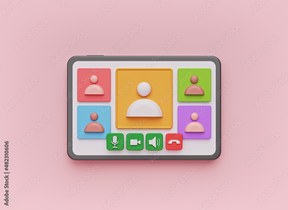 Poster online team meeting, video conferencing on tablet computer. work from home concept. 3d rendering