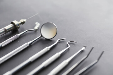 Equipment for the dental office. Orthopedic Instruments. Dental technician with working tools. Dentist metal tools.