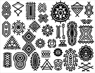 ethnic tribal hand drawn elements set in black white style. Abstract african art shapes collection, tribal doodle decoration set. Random ethnic shapes, animal print texture and traditional hand drawn